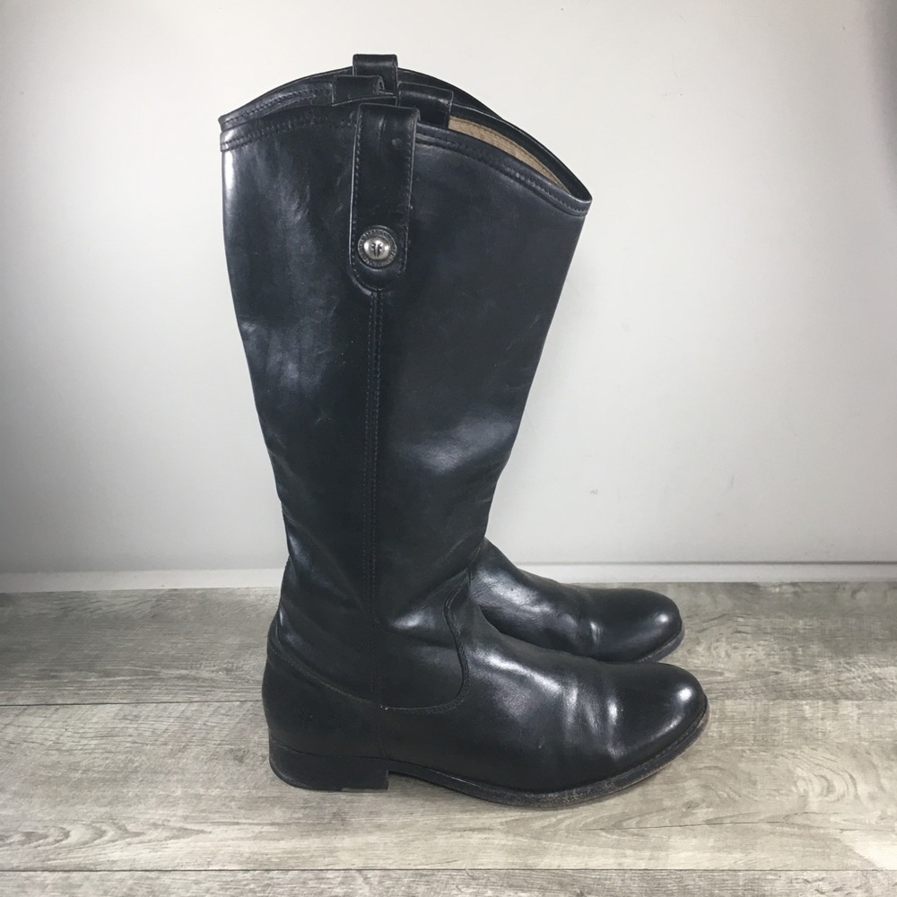 Frye #77167 Melissa Button Lug Leather Womens Black Tall Riding Biker Boots 10